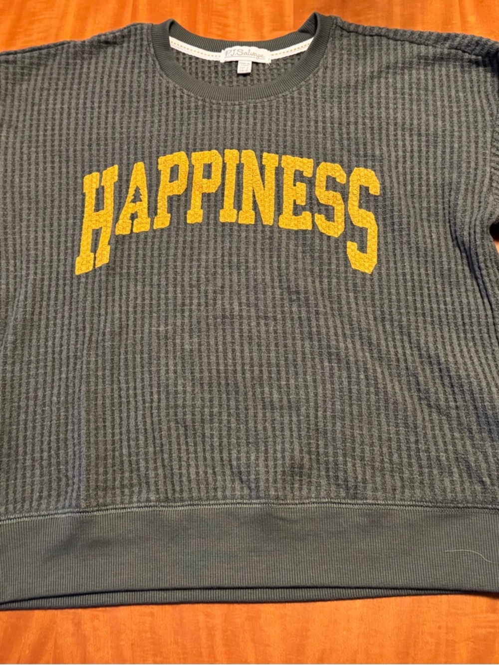 P.J. Salvage Gray Waffle-Knit Crewneck with Yellow "HAPPINESS" Appliqué